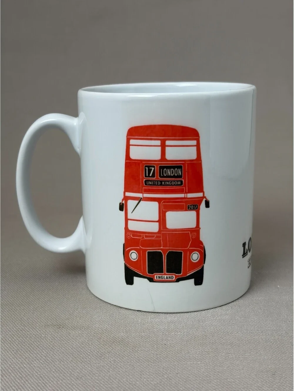 London England Red Double Decker Bus Coffee Mug UK Souvenir Route 17 Ceramic Cup